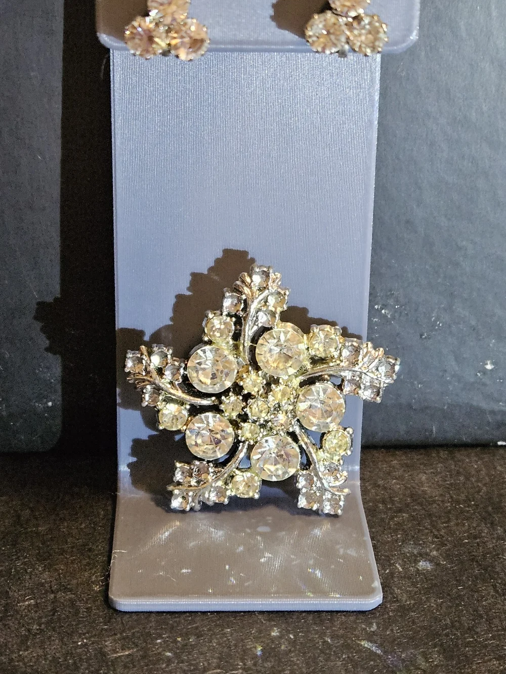 Vintage Silver-Tone Starburst Brooch with Clear Crystals & Matching Clip Earring